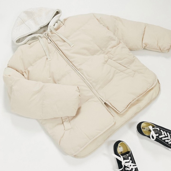 Cream ASOS Petite Oversized Jersey Hooded Puffer Jacket - Picture 10 of 10